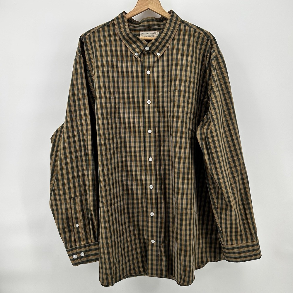 Duluth Trading Wrinklefighter Shirt Mens 3XL‎ Tall Olive Green Plaid Heritage